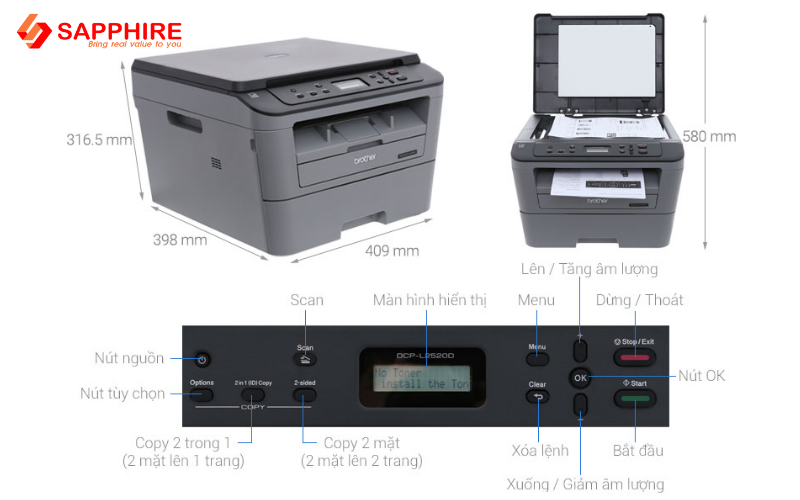 Máy in laser trắng đen Brother DCP-L2520D (3 trong 1)